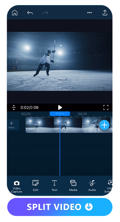 the workflow to split a man playing hockey video with PowerDirector by tapping 'Split'